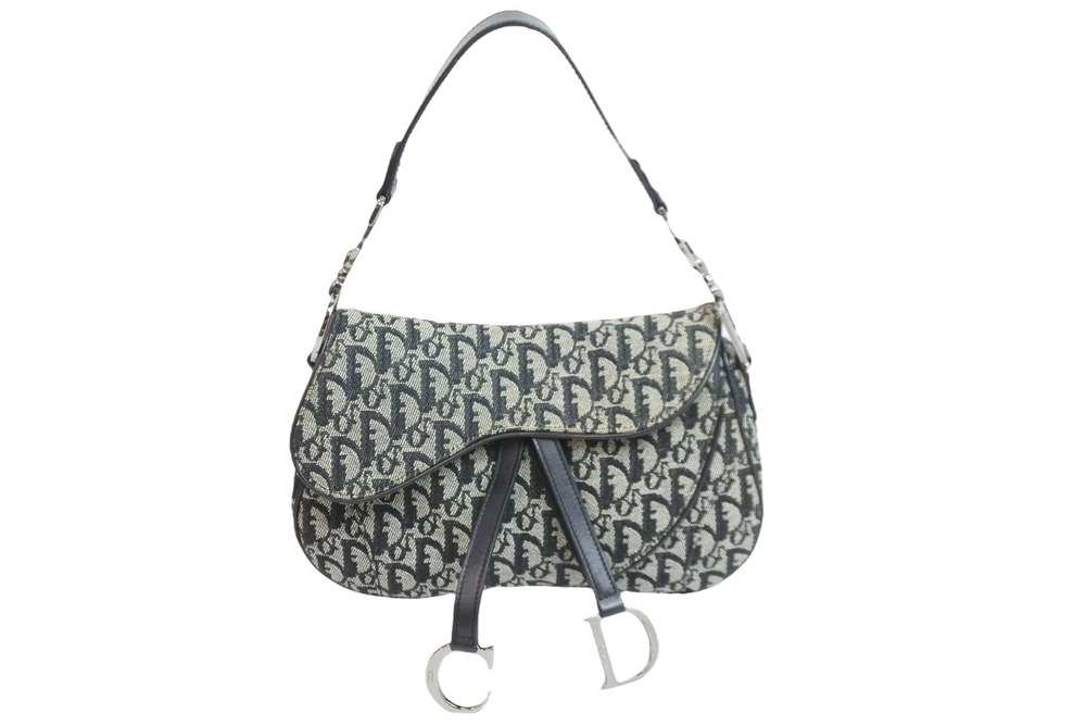 Christian Dior Trotter Double Saddle Shoulder Bag Canvas Leather CD Black